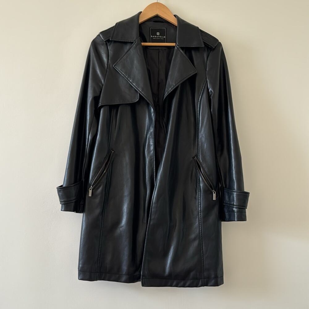 Y2K Bagatelle Faux Leather Trench Coat Black Size S Biker Chic - Picture 2 of 7